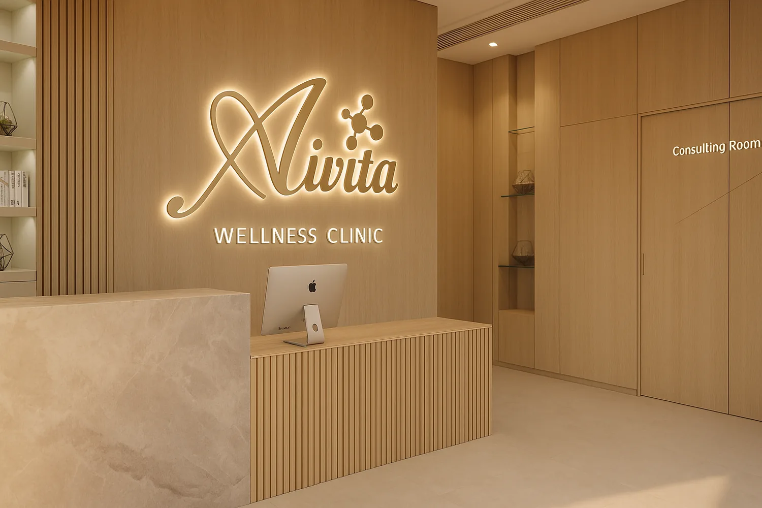 Illuminated reception counter with the Aivita Wellness Clinic logo inside the Dubai clinic